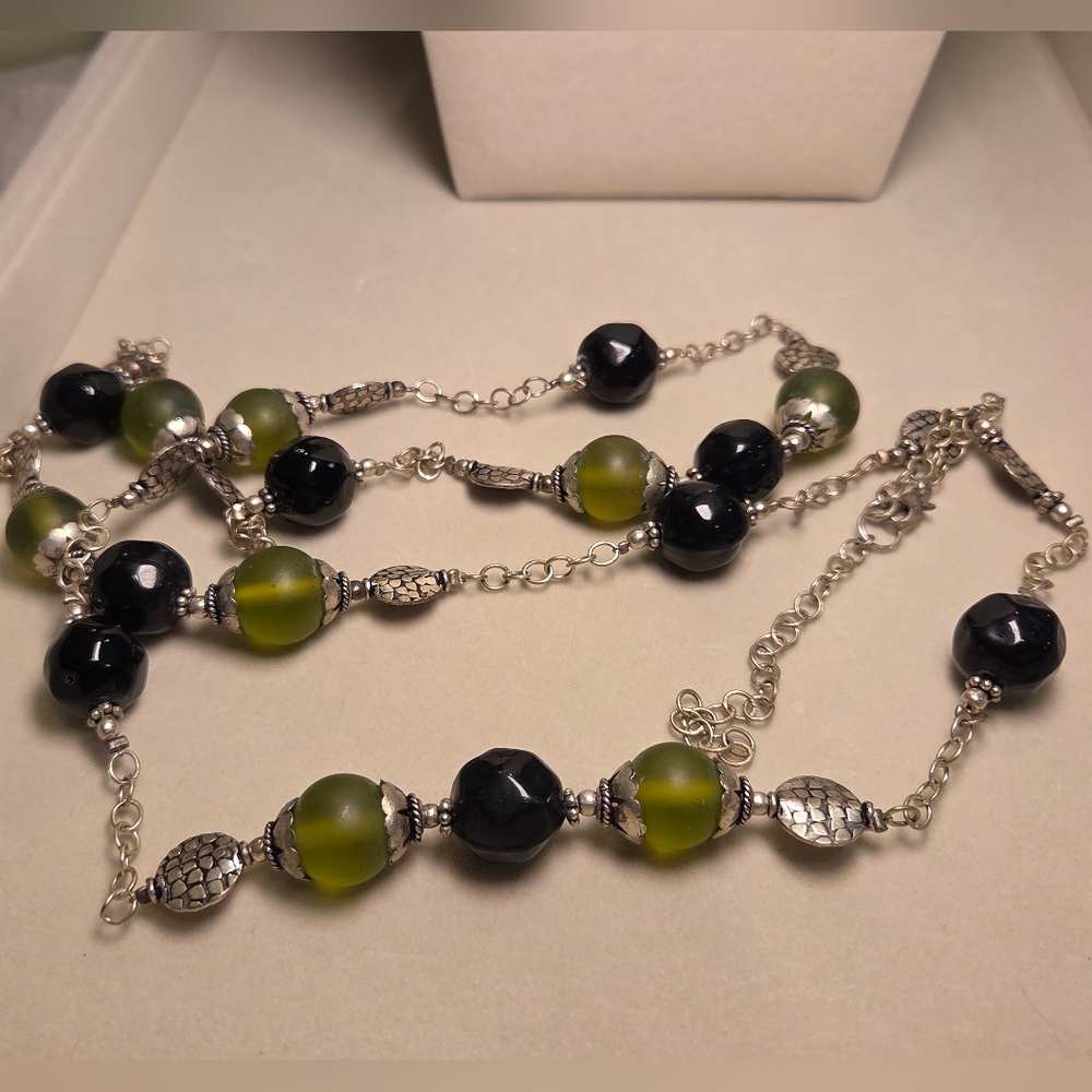 Silver Green & Black Beads Long Necklace